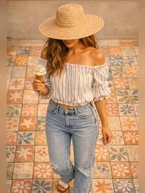Ecru Lab White Striped Off Shoulder Balloon Sleeve Top Size S
